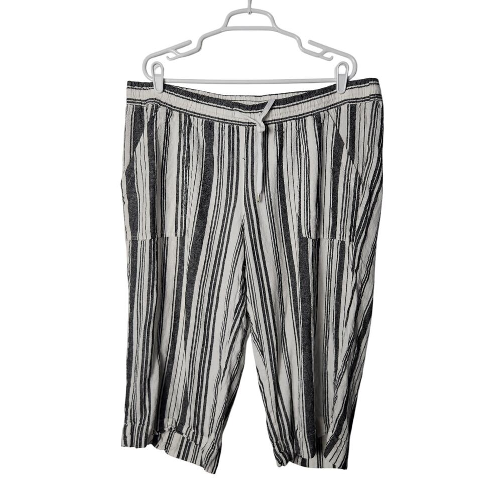 Land N Sea Gray Striped Linen Blend Drawstring Casual Capri Pants Plus Size 2X